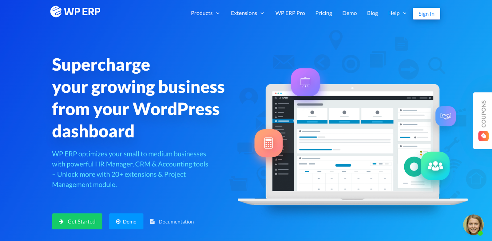 WP ERP homepage with text: "Supercharge your growing business..."