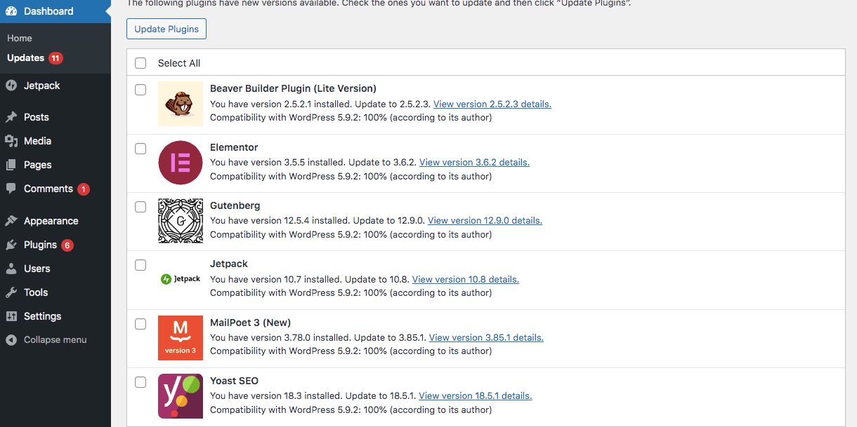 list of plugins installed on a WordPress site