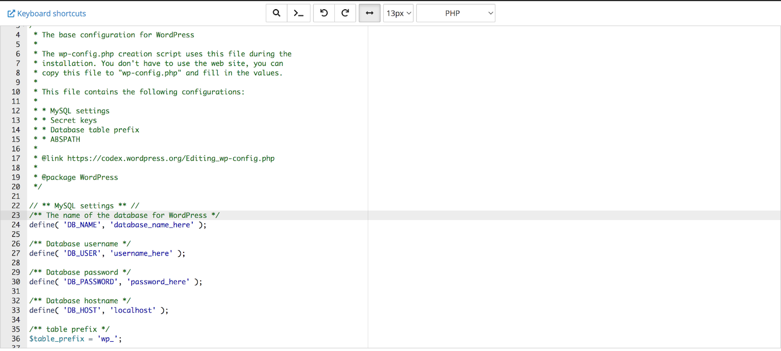 Código del archivo wp-config.php