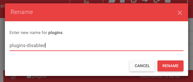 renaming the plugins folder in cpanel