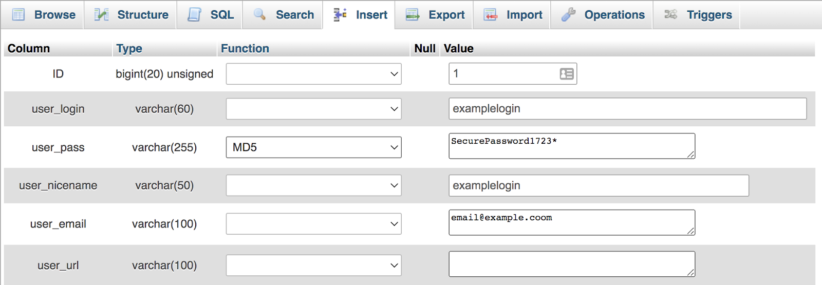 cambiar la contraseña de un usuario en PHPMyAdmin