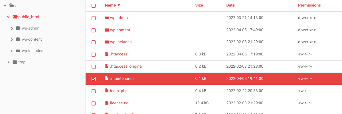 finding the .maintenance file in cpanel