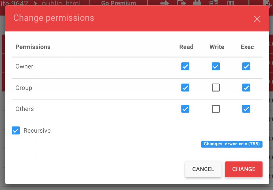 editing file permissions in cpanel