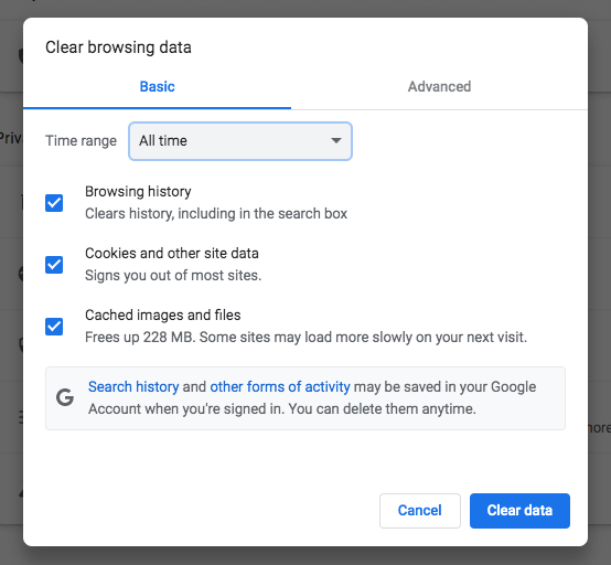 options for clearing browser cache in Chrome