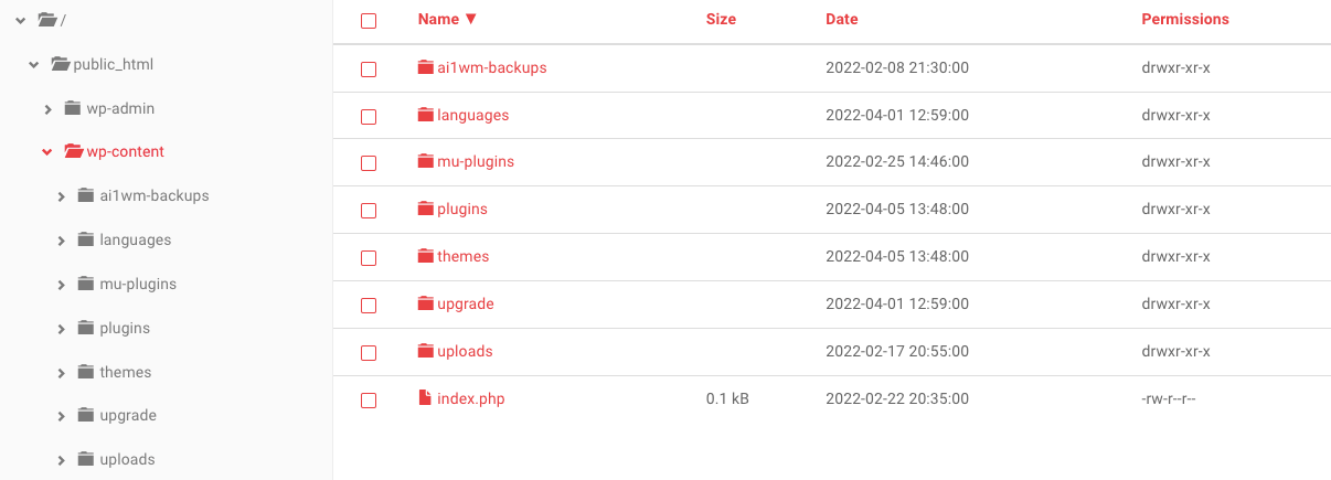 opening the wp-content folder in cpanel