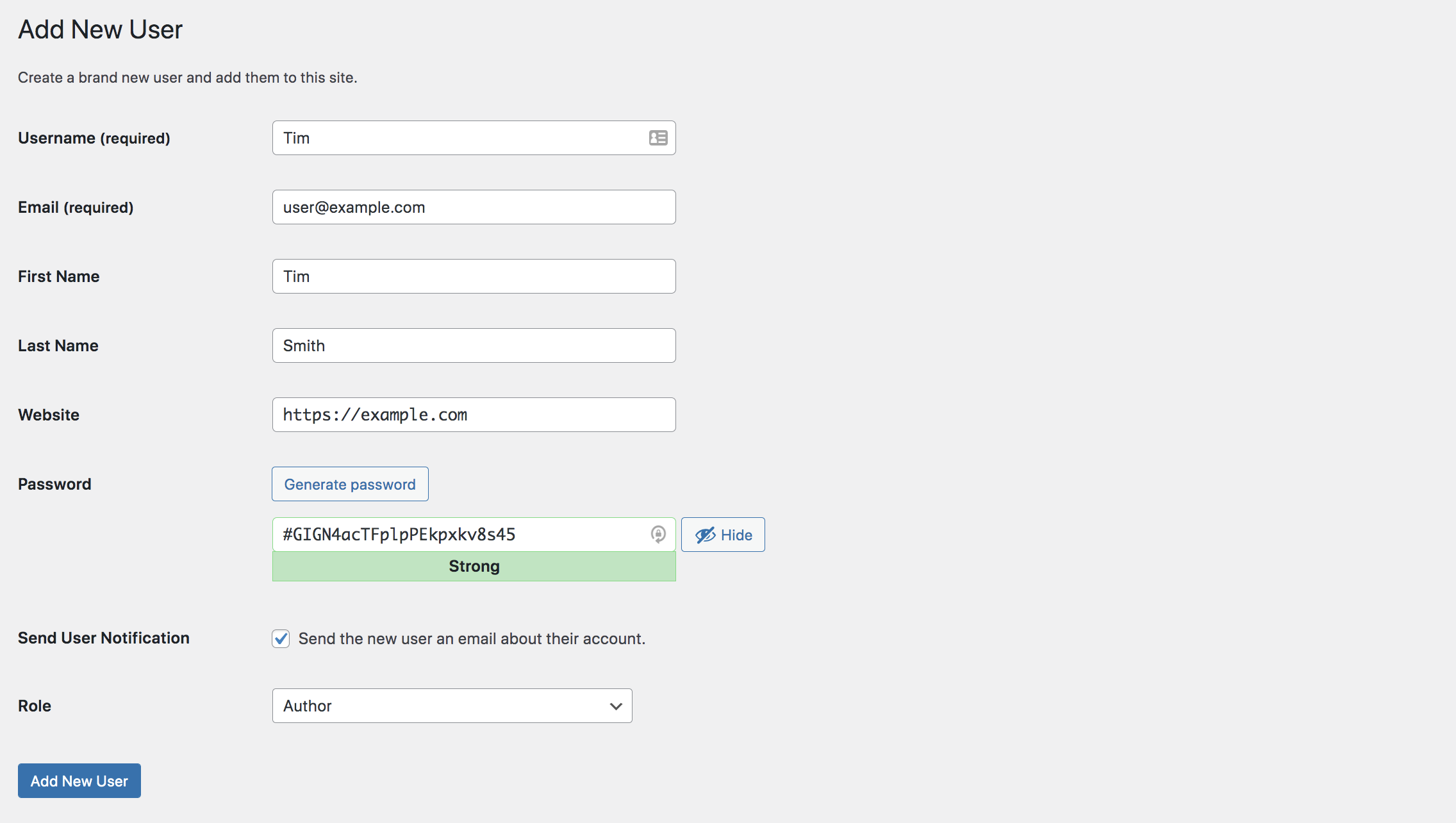 creating a new user in WordPress