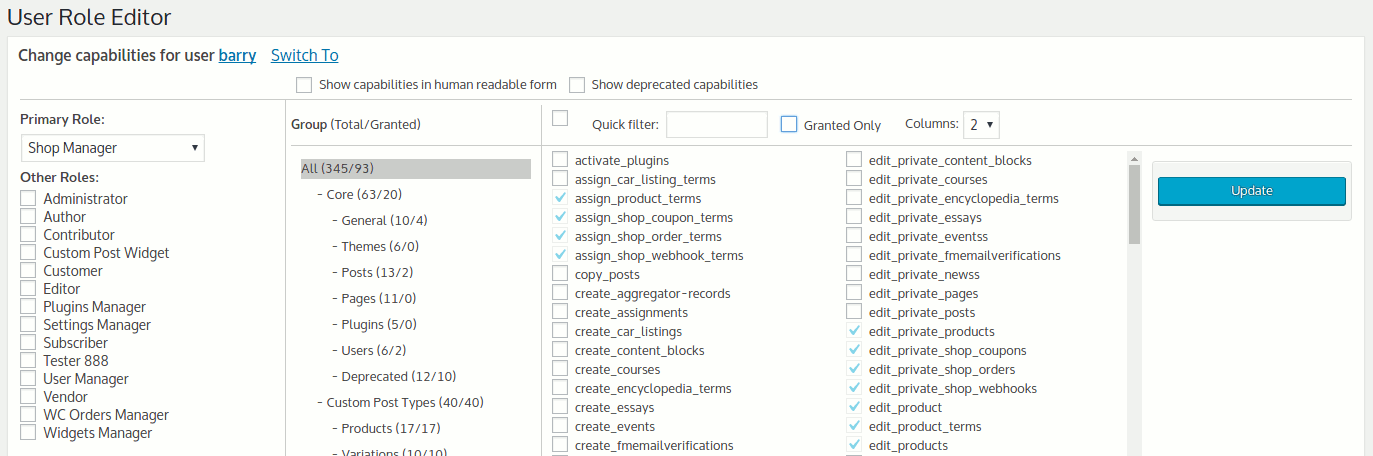 list of permissions you can assign to a user with the User Role Editor plugin