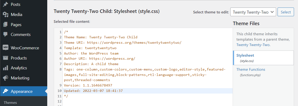 editing the child theme style.css file