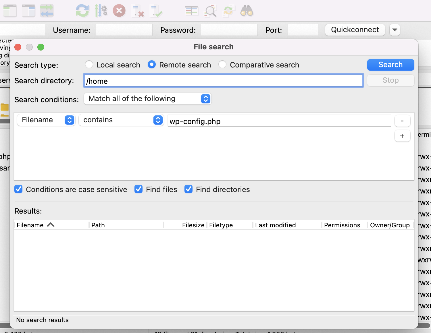 search form in Filezilla