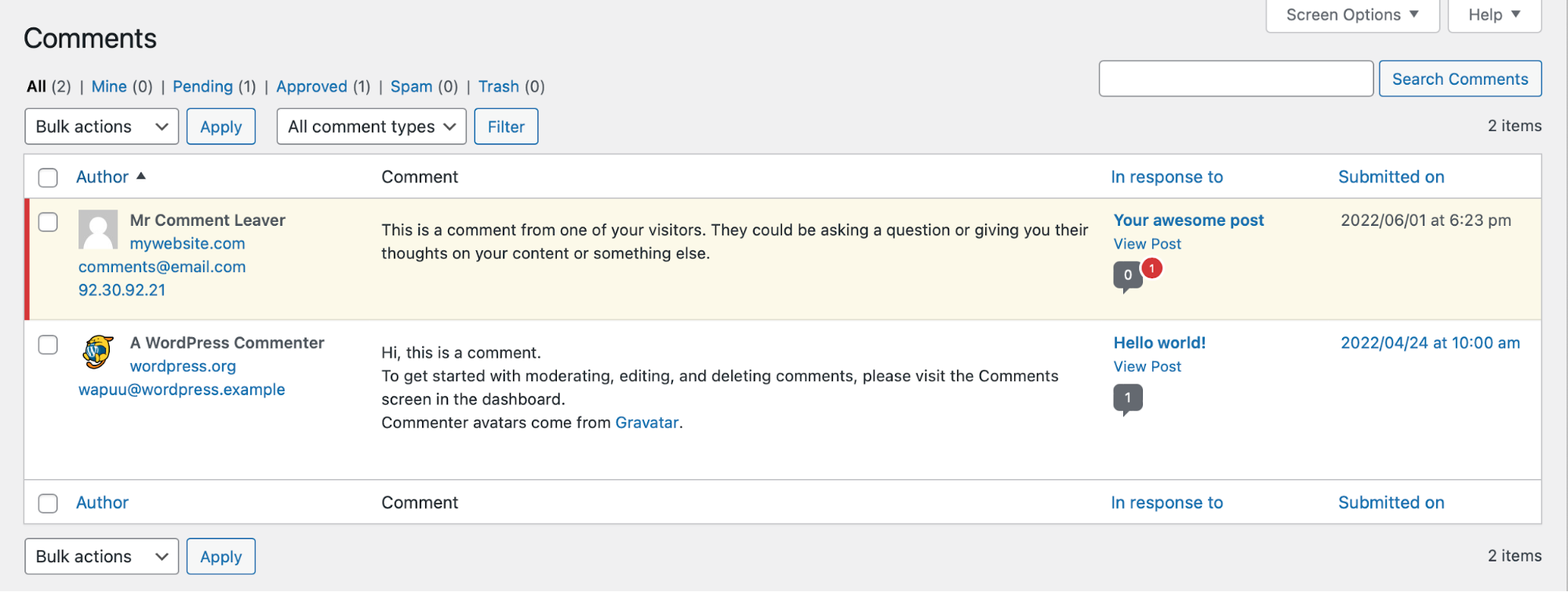 all comments viewed in WordPress