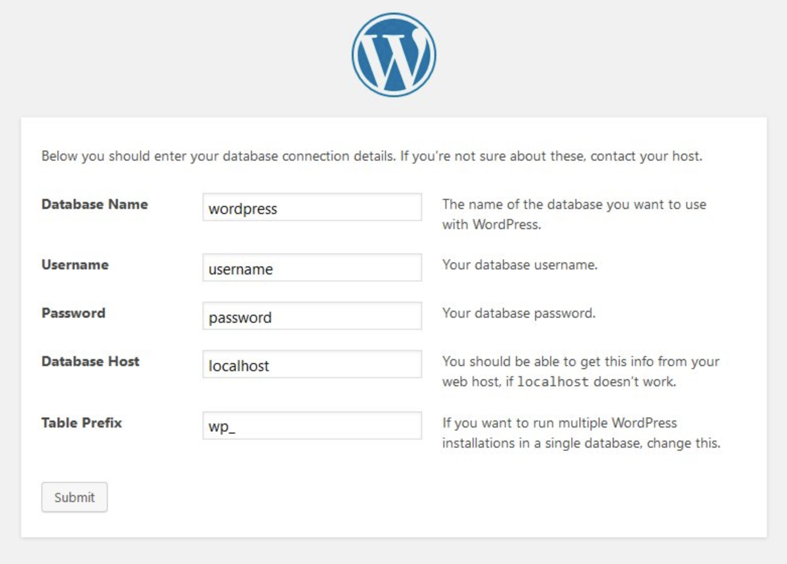 database connection details form