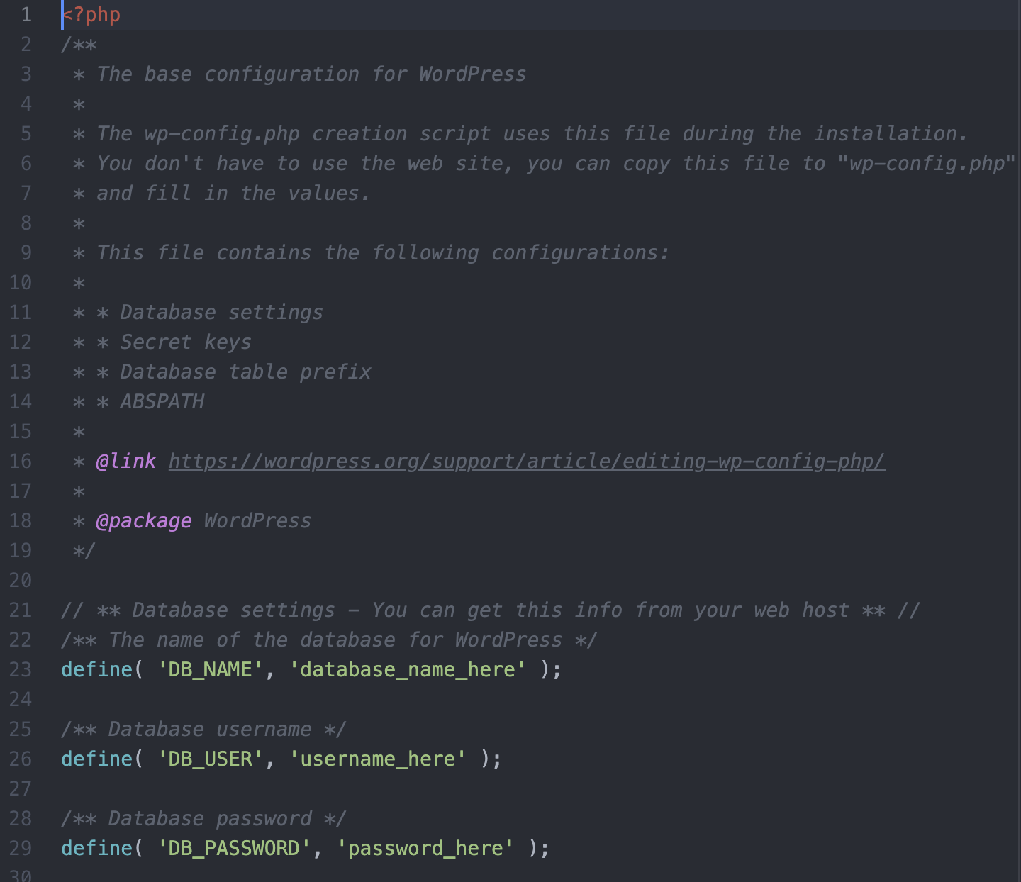content of the wp-config.php file