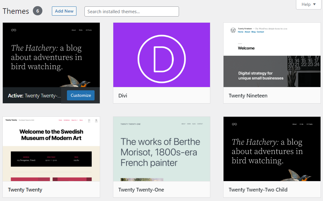 list of themes in the WordPress dashboard