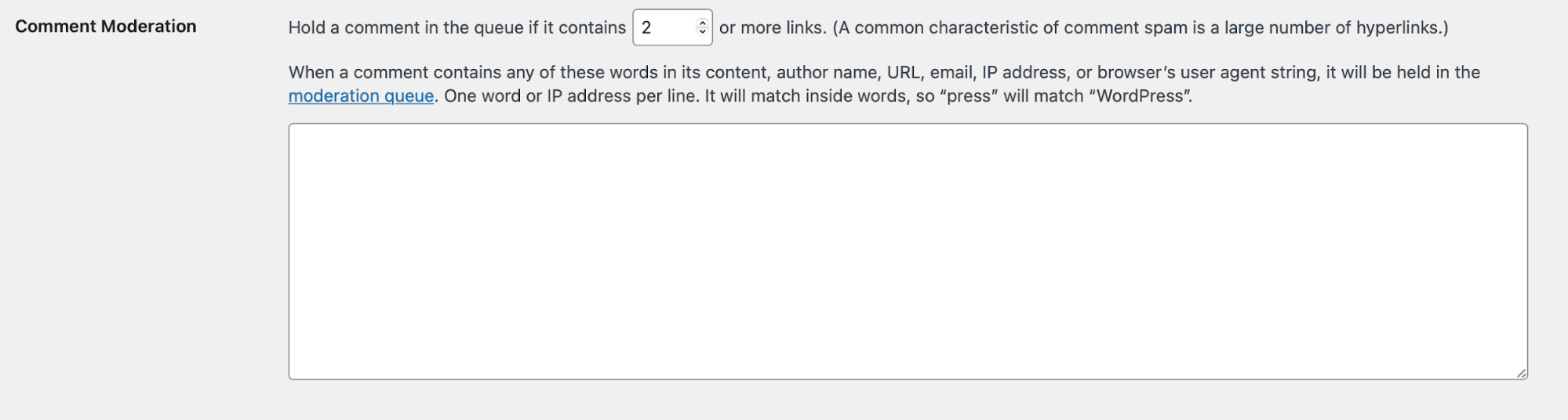 comment moderation settings in WordPress