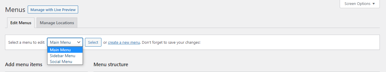 choosing a menu to edit
