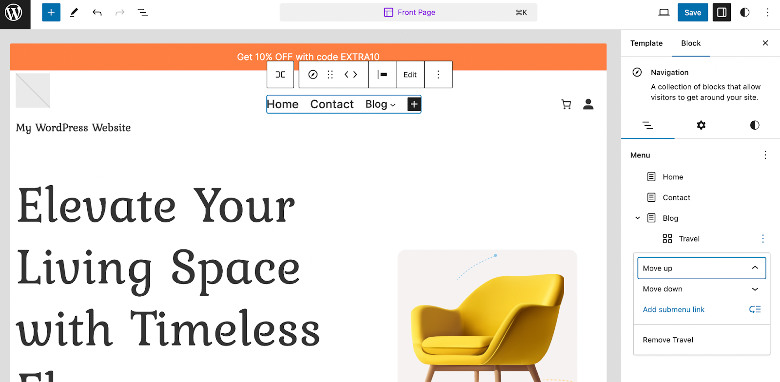 moving a menu item up or down