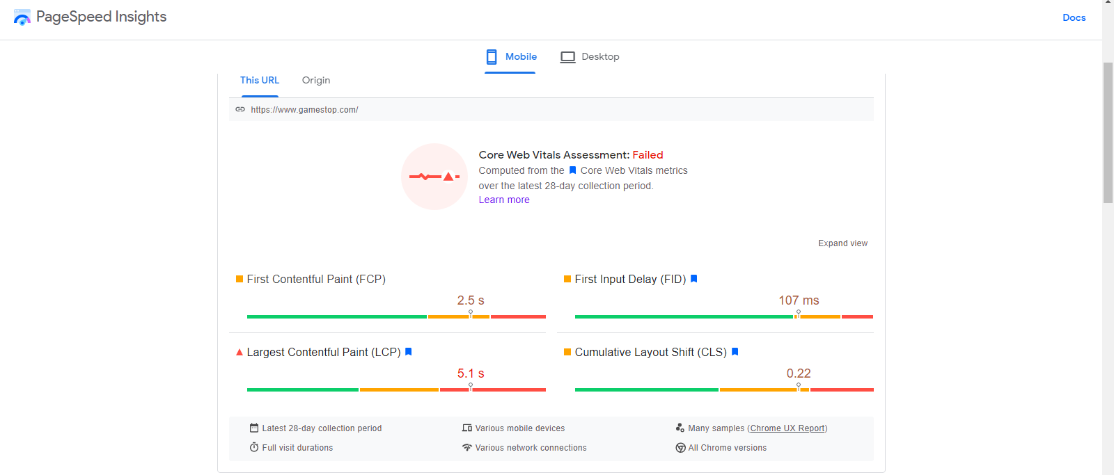 PageSpeed Insights reports, including CLS score