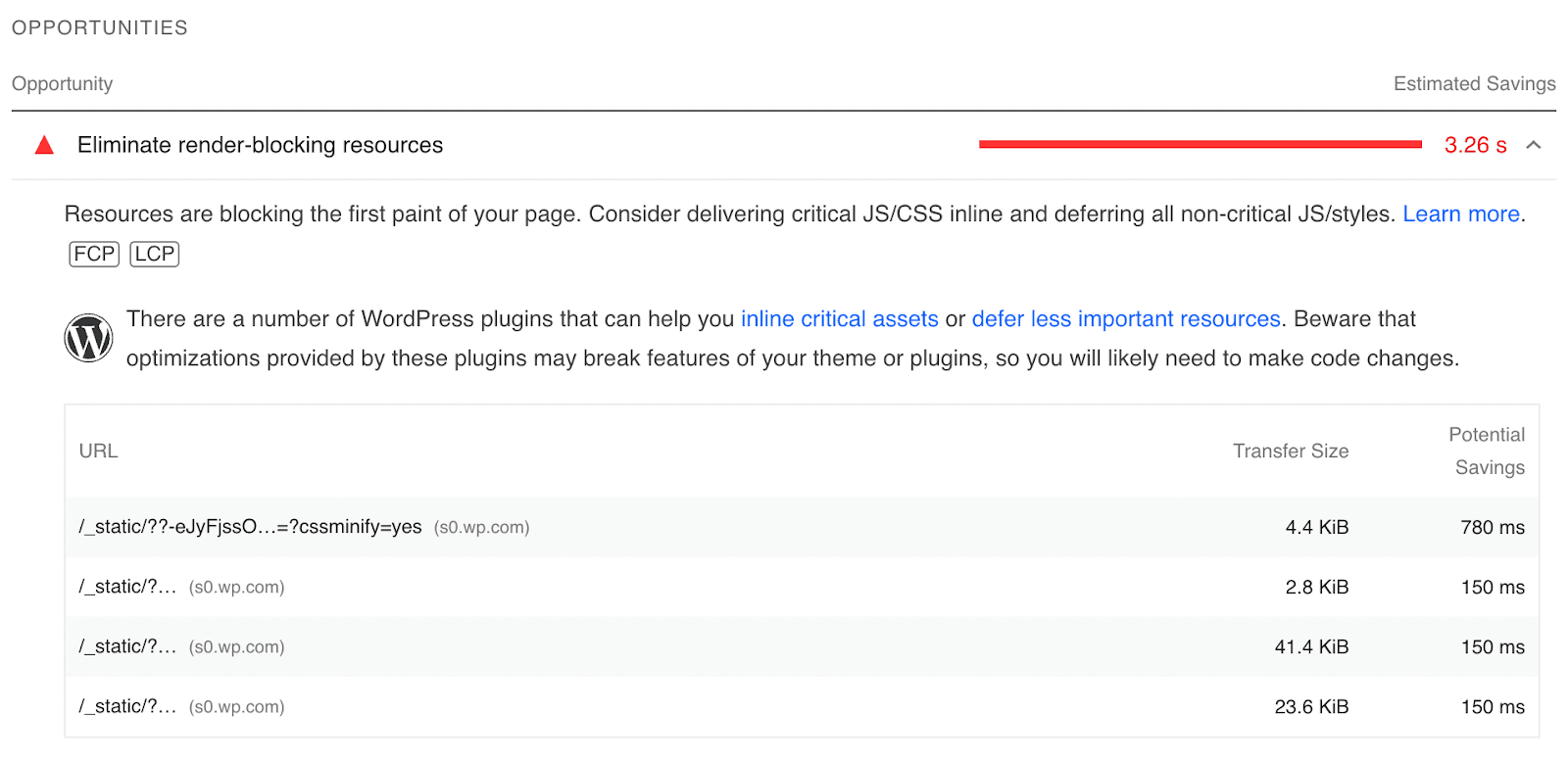 list of render-blocking resources
