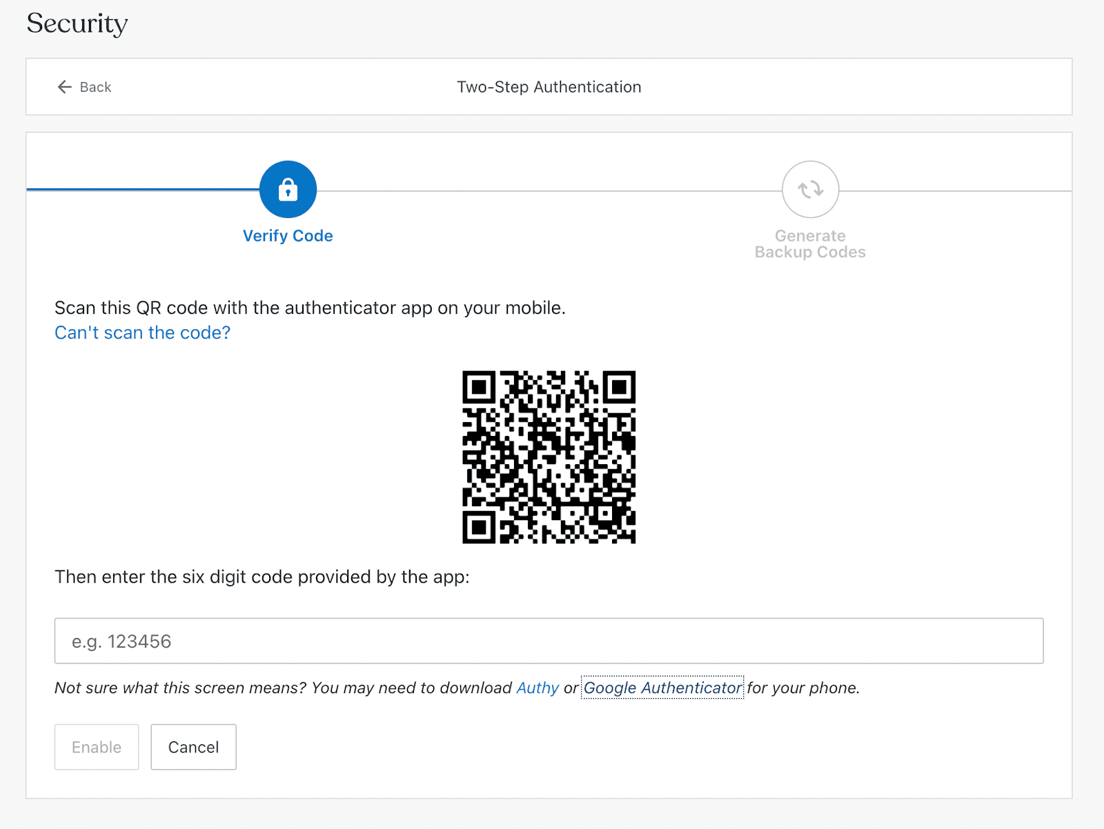 QR code for two-factor authentication
