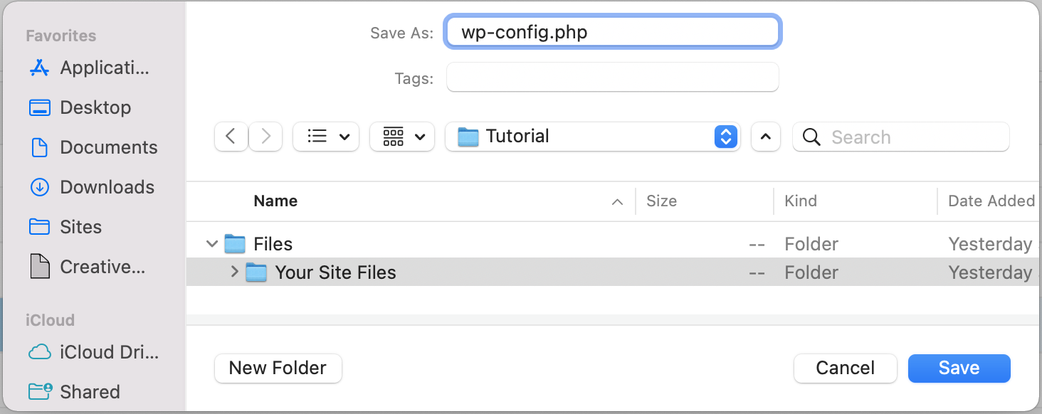 choosing a folder to save wp-config.php to