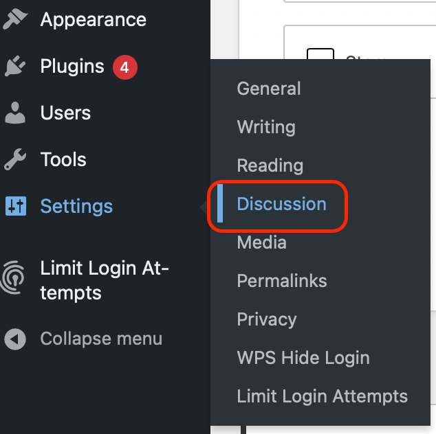 navigating to WordPress discussion settings