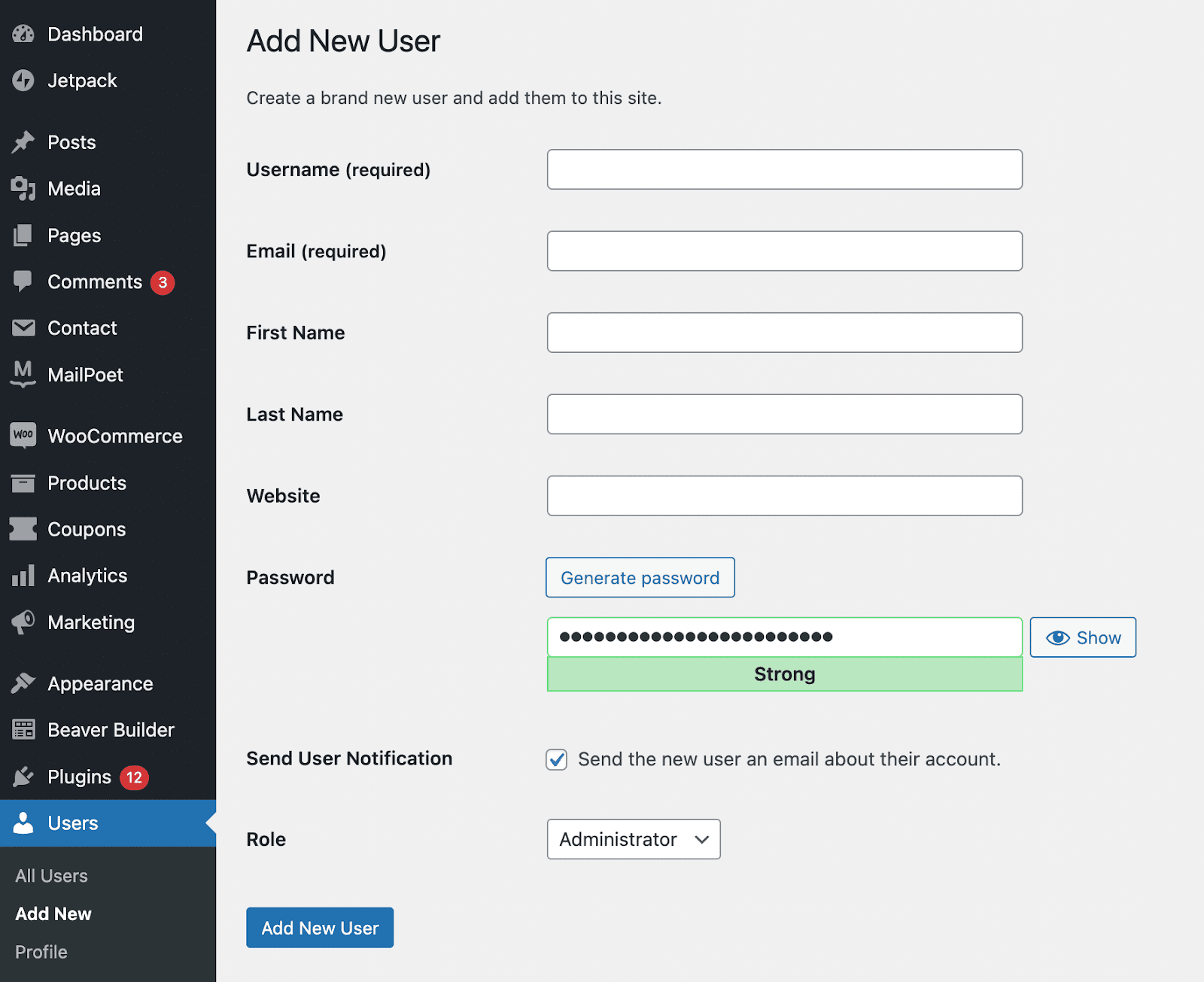 creating a new user in WordPress