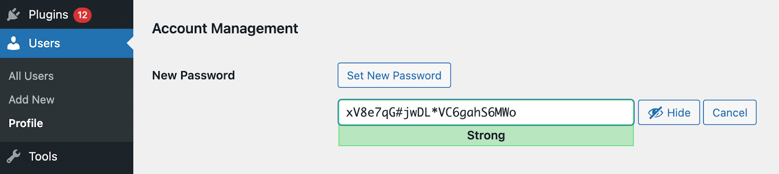 generating a new password in WordPress