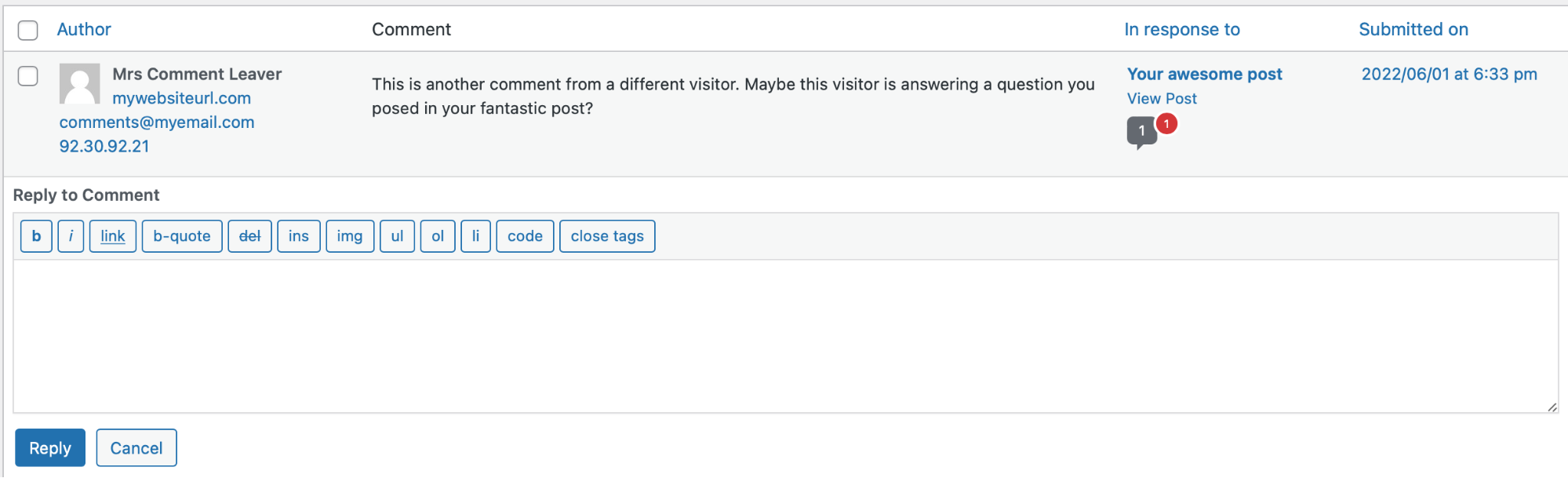 replying to a comment inside of the dashboard