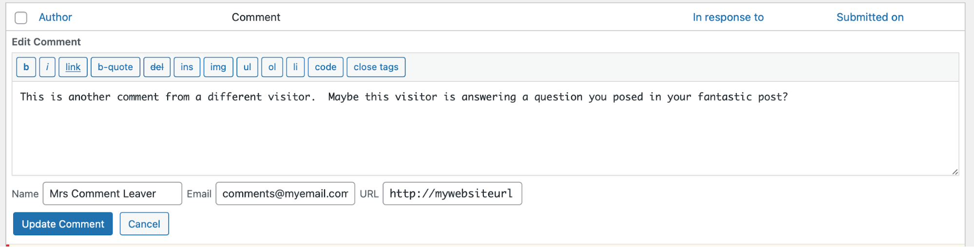 editing a comment in WordPress