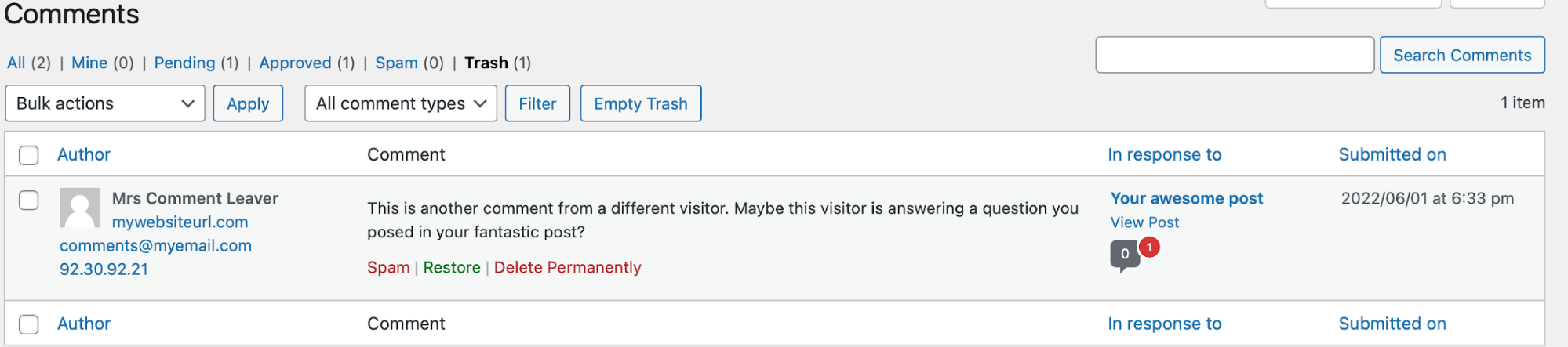 comment trash folder in WordPress