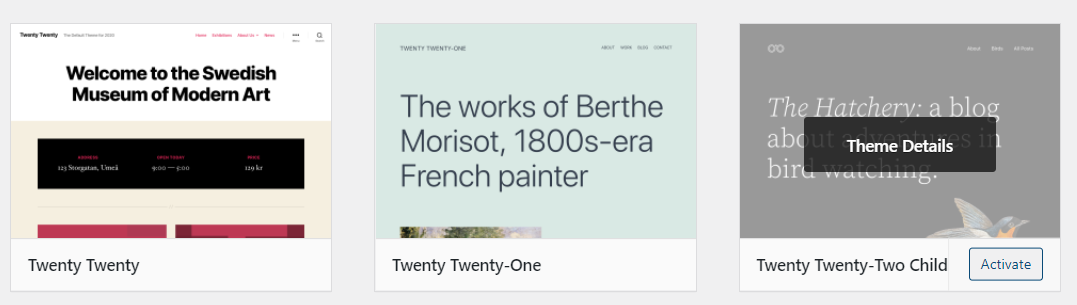 child theme shown in the dashboard