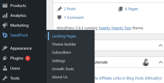 navigating to the Landing Pages tab