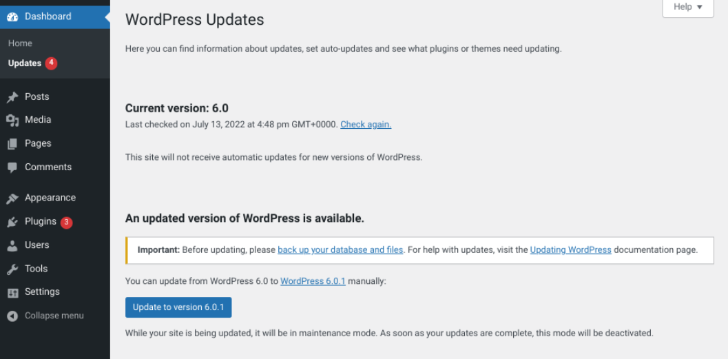 checking for available updates in WordPress