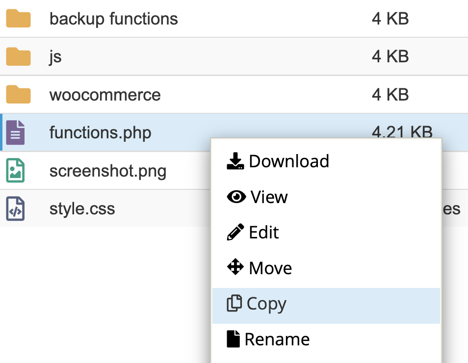 copying the functions.php file in cpanel