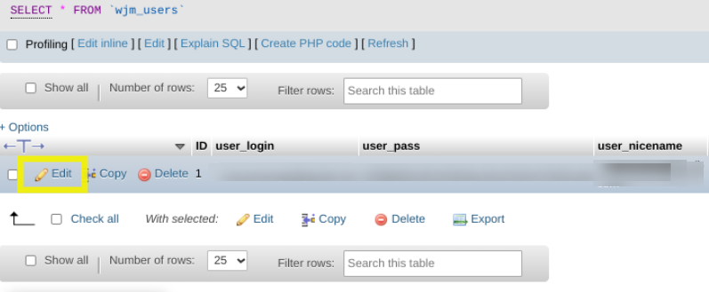 editar un usuario en la base de datos de WordPress
