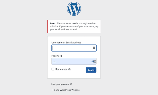 mensaje de error sobre un nombre de usuario que no está registrado