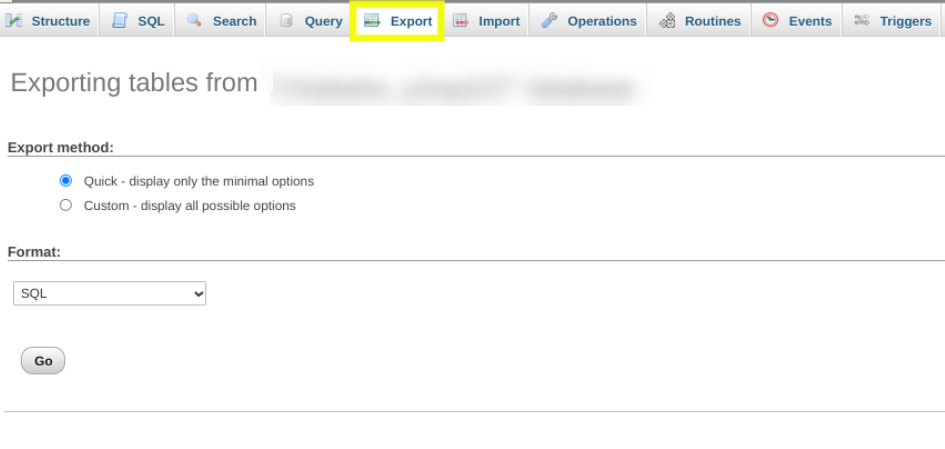 exporting a database via phpmyadmin