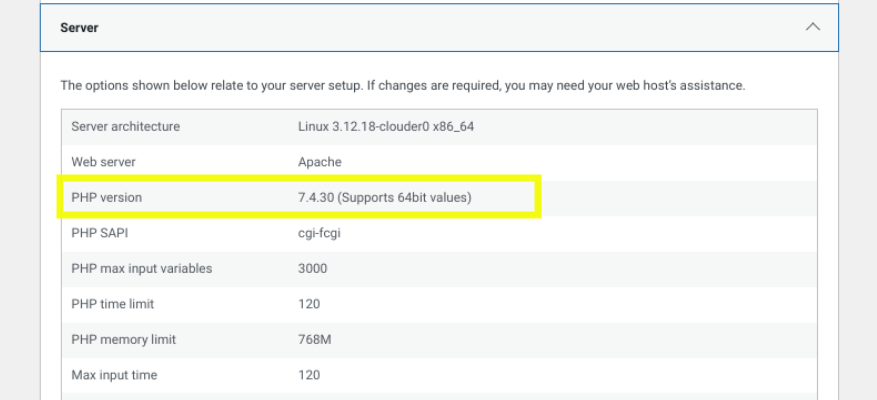 PHP version in site heath