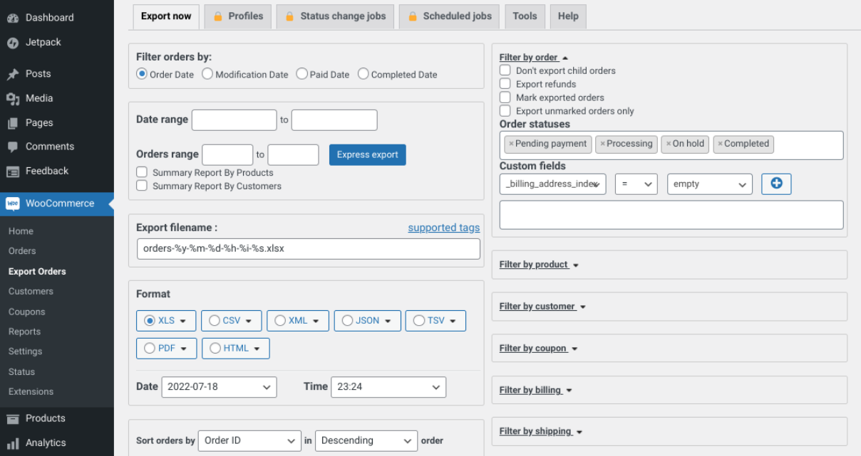 configuring settings to export WooCoommerce orders