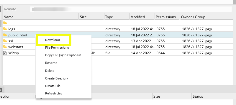 downloading site files via FileZilla