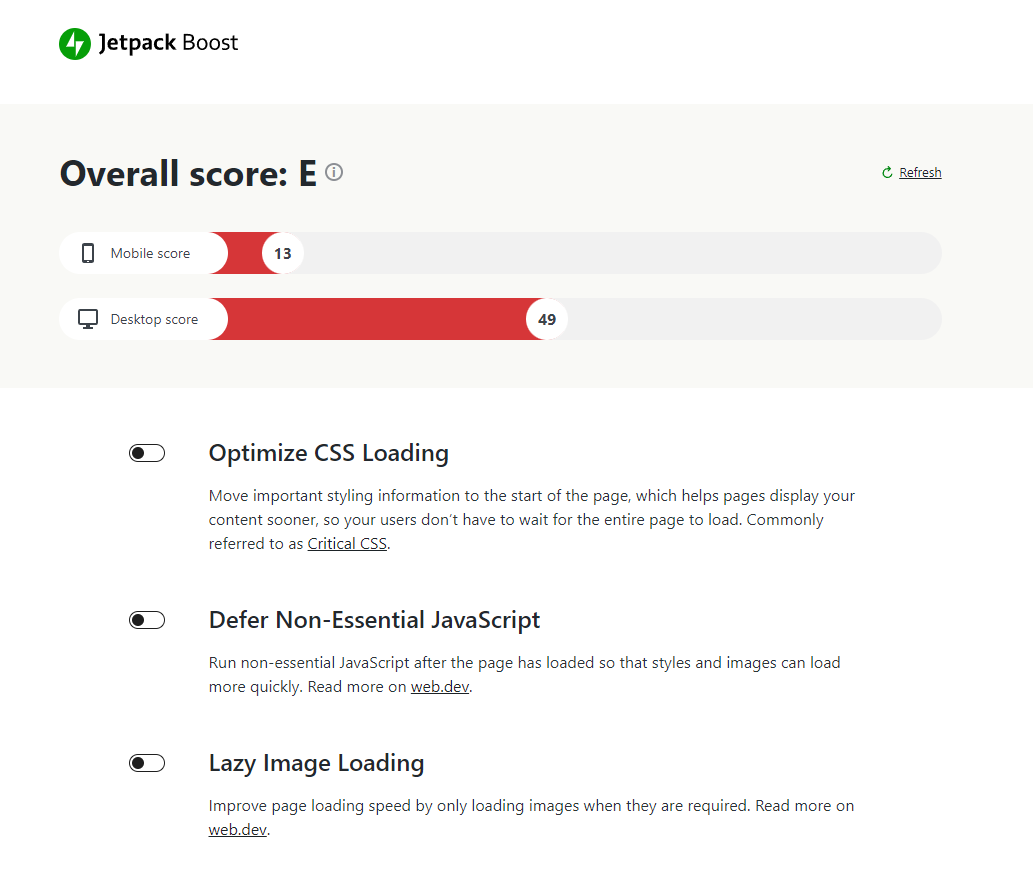 Jetpack Boost performance score