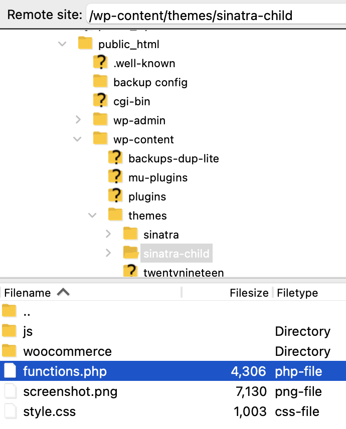 finding the child theme functions.php file