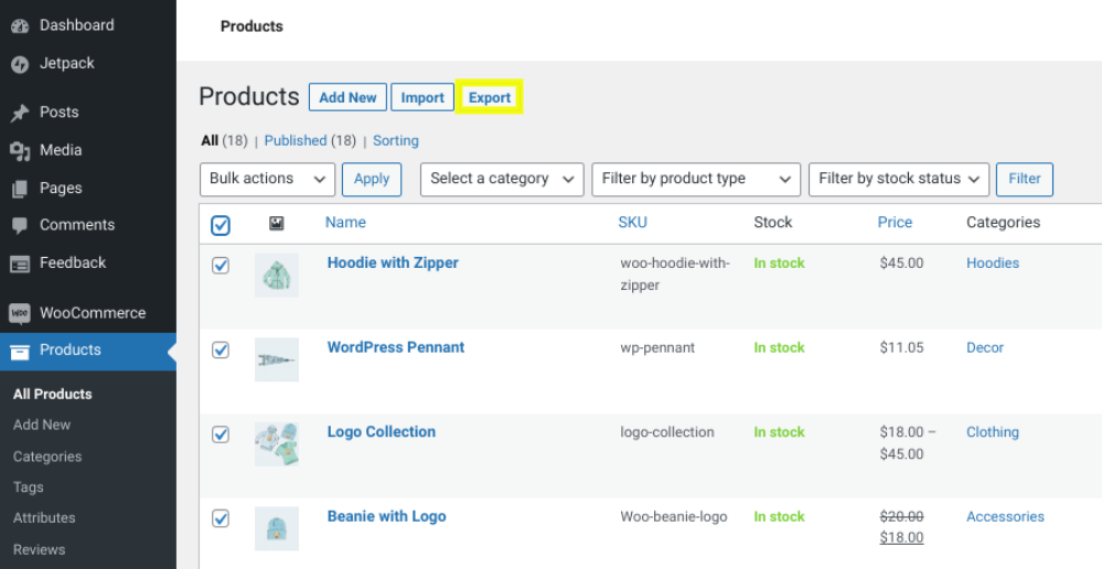 exporting products from WooCommerce