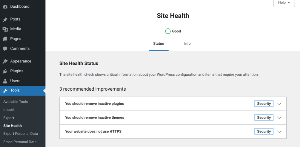 WordPress site heath check