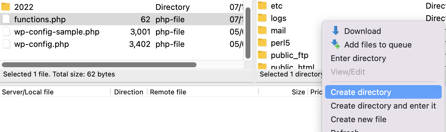 creating a directory in Filezilla