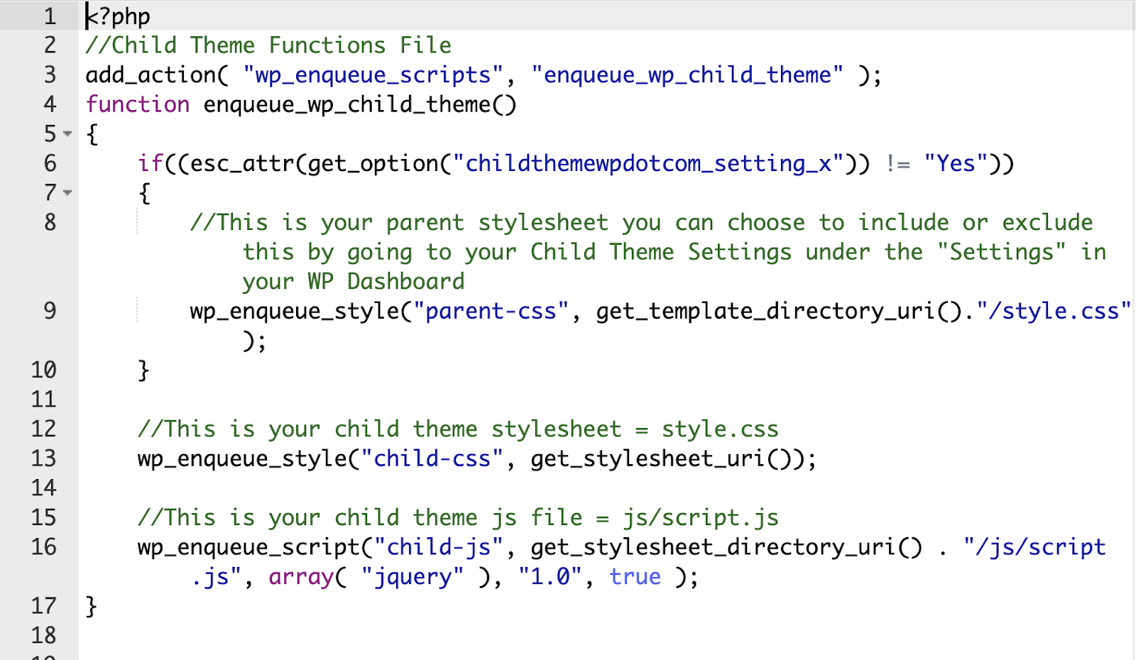 example of the functions.php file in cpanel