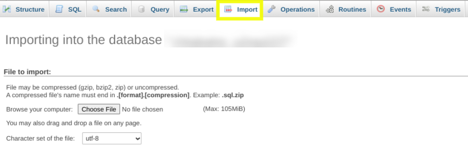 importing a database via phpMyAdmin