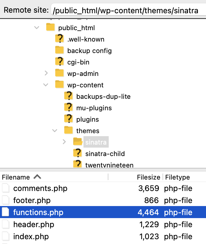 finding the functions.php file in the theme folder