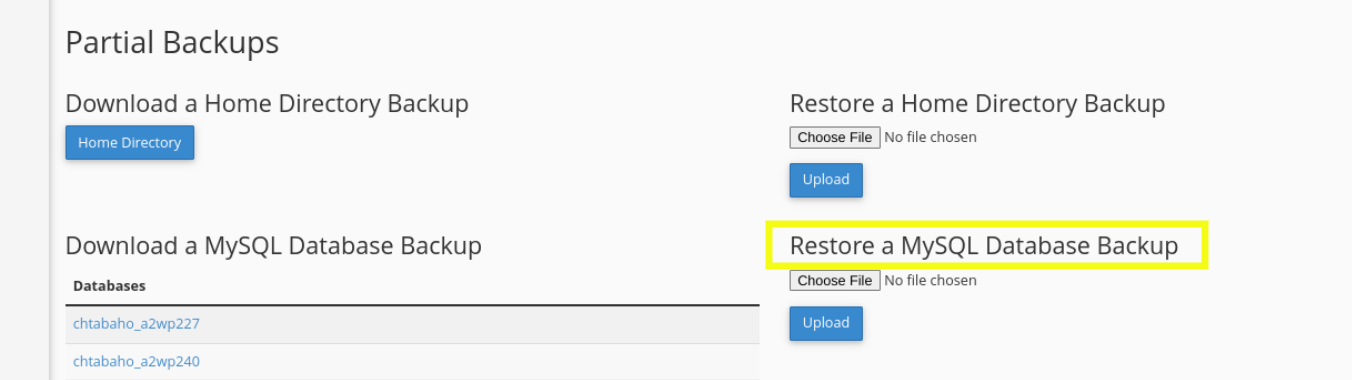 restoring a database backup via cpanel