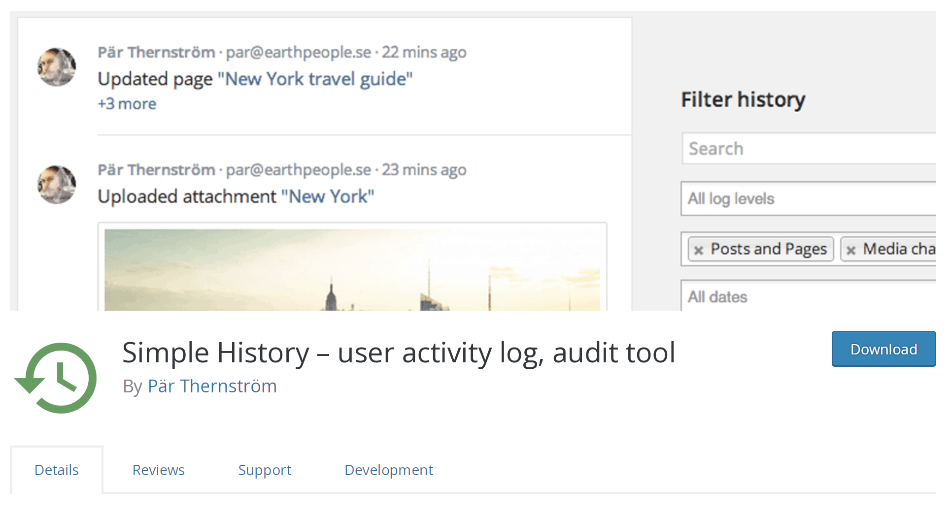 Simple History plugin showing list of activities 